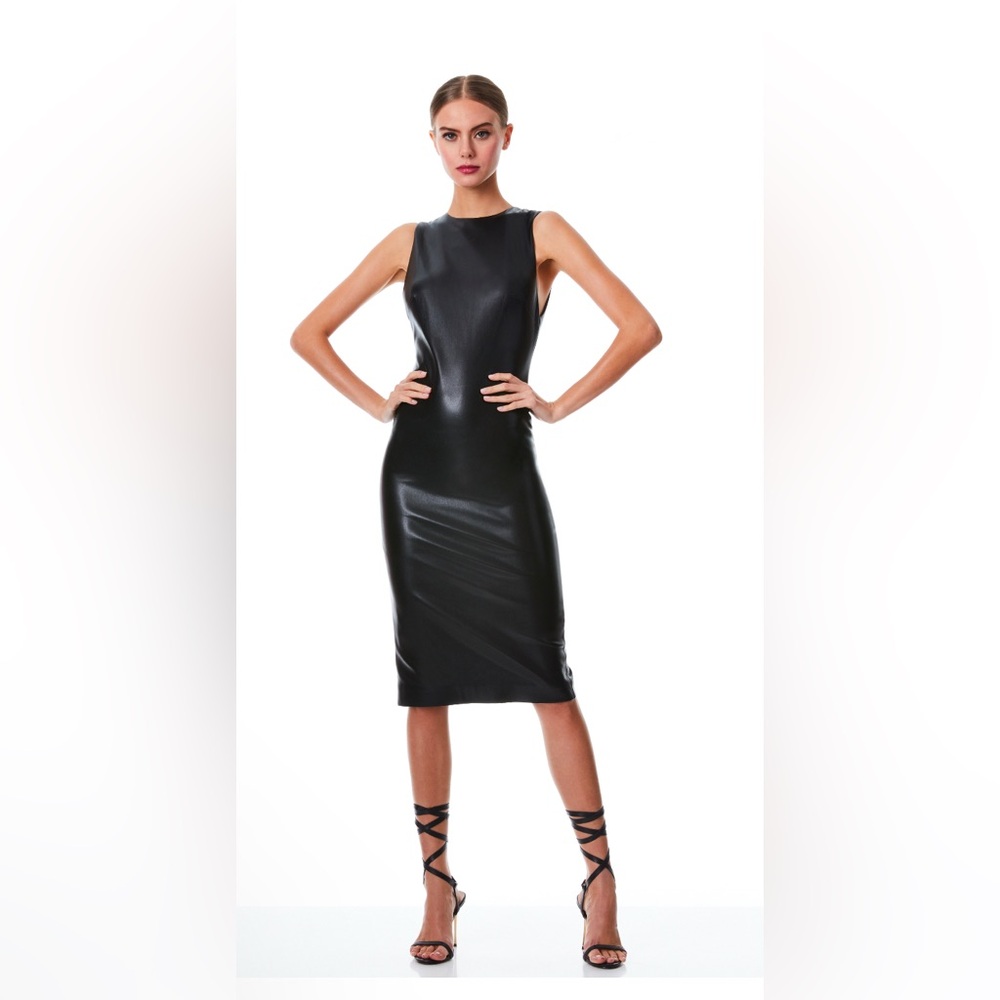 Delora Vegan Leather Midi Dress in Black ALICE + OLIVIA (SIZE-M)